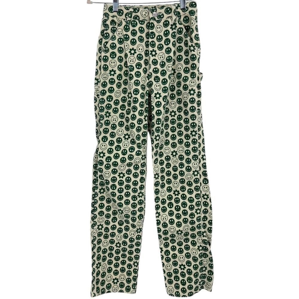 Pacsun Smile Corduroy 90's Boyfriend Carpenter Pant Cream Green Retro Women 24